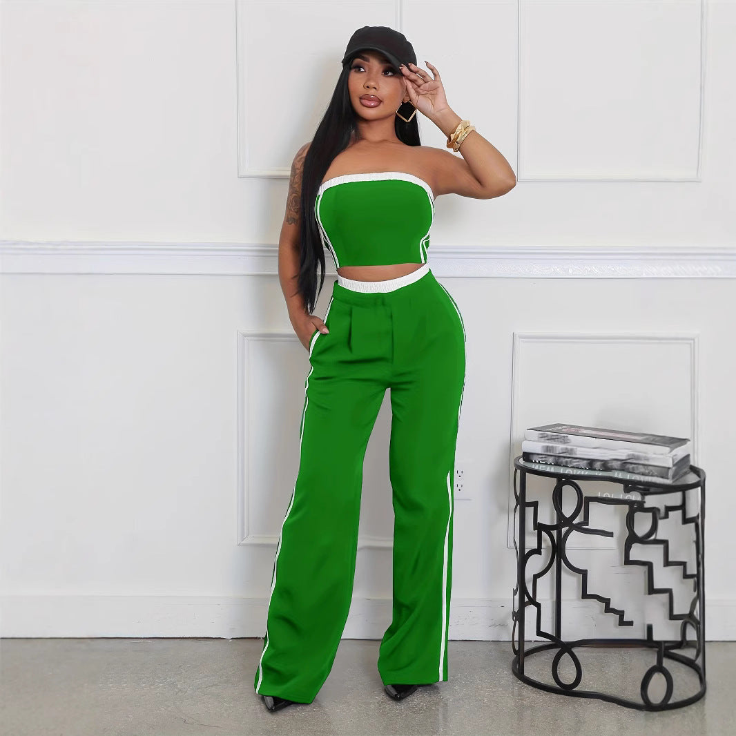 Summer Fashion Strapless Top Wide Leg Loose Pants Set 9