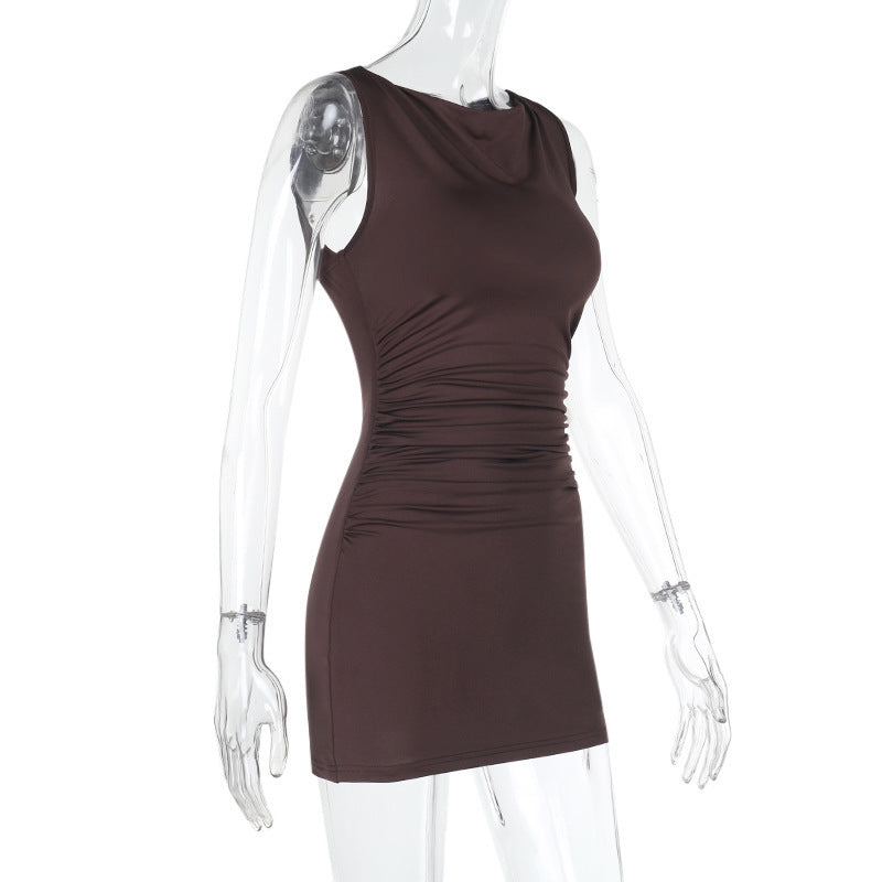 Women Round Neck Gathered Sexy Backless Bodycon Dress 7