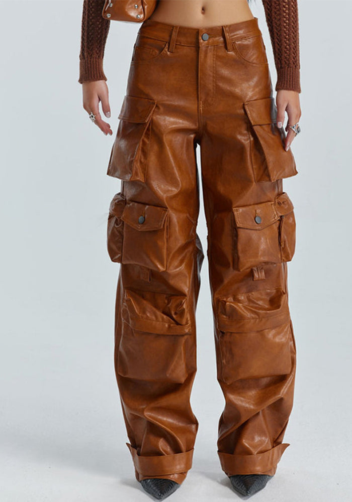Women Pockets Style Loose Cargo PU-Leather Pant