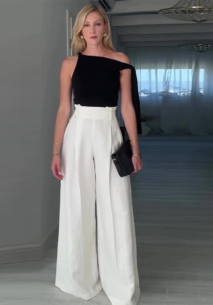 Women summer Solid Slash Shoulder Top and wide-leg pants Casual two-piece set