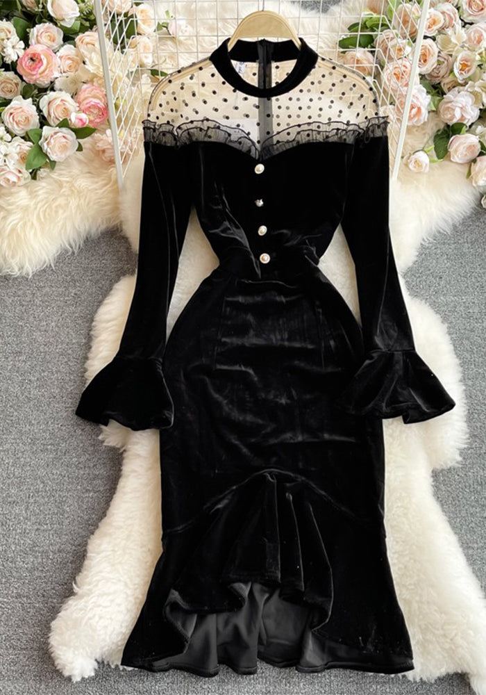 Luxury Mesh Patchwork Bodycon Fishtail Velvet Dress