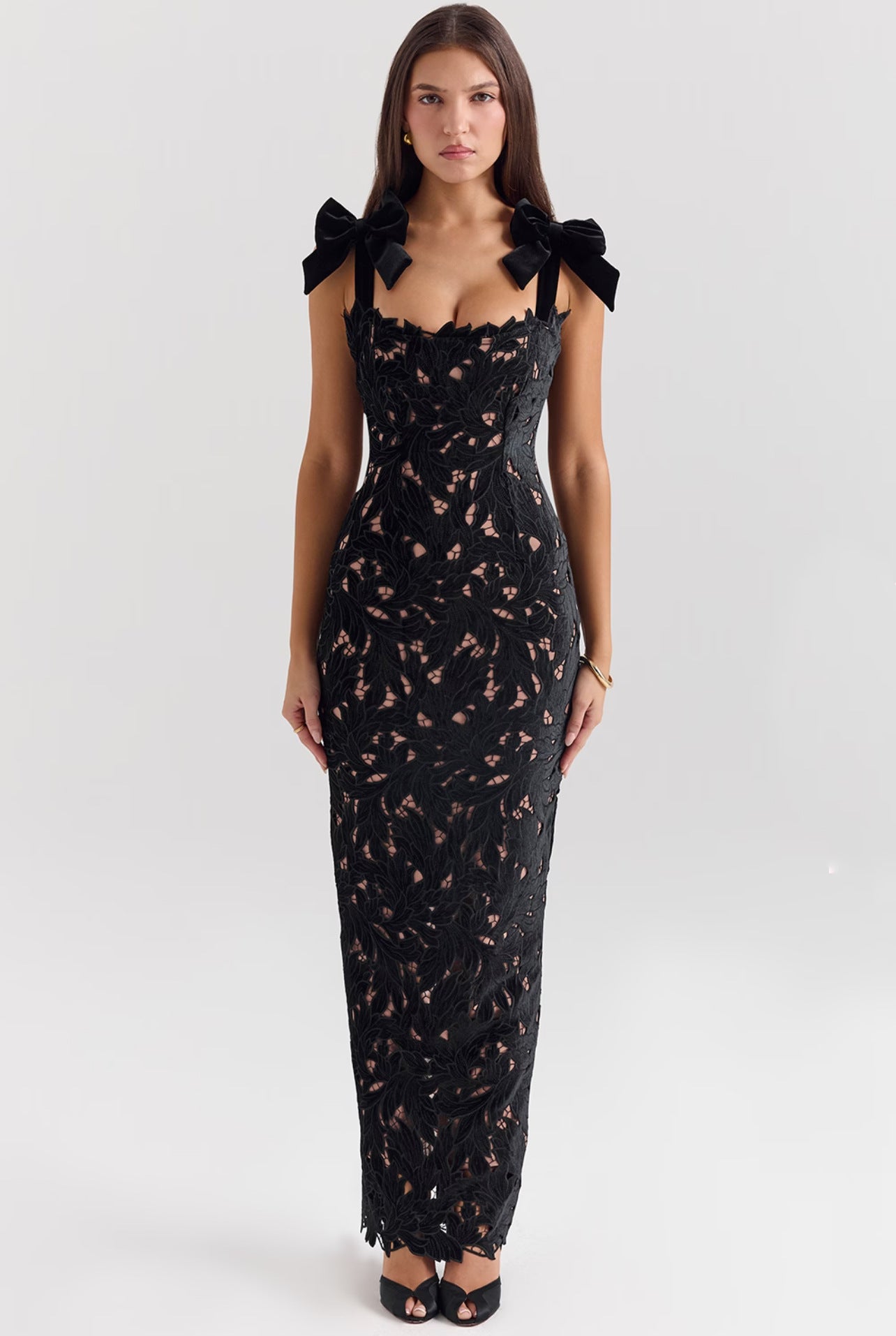 Women Spring and Summer Bow Embroidered Hollow Bodycon Dress 4