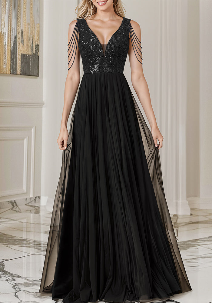 Women Sequin Black Mesh Evening Dress