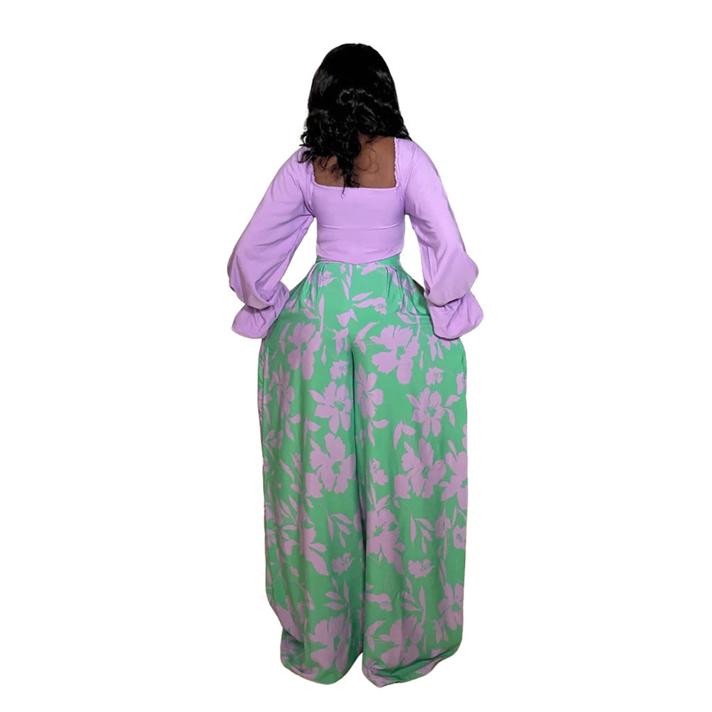 Long Sleeve Top with Loose Printed Wide-Leg Pants  Casual & Comfortable Two-Piece Set 9