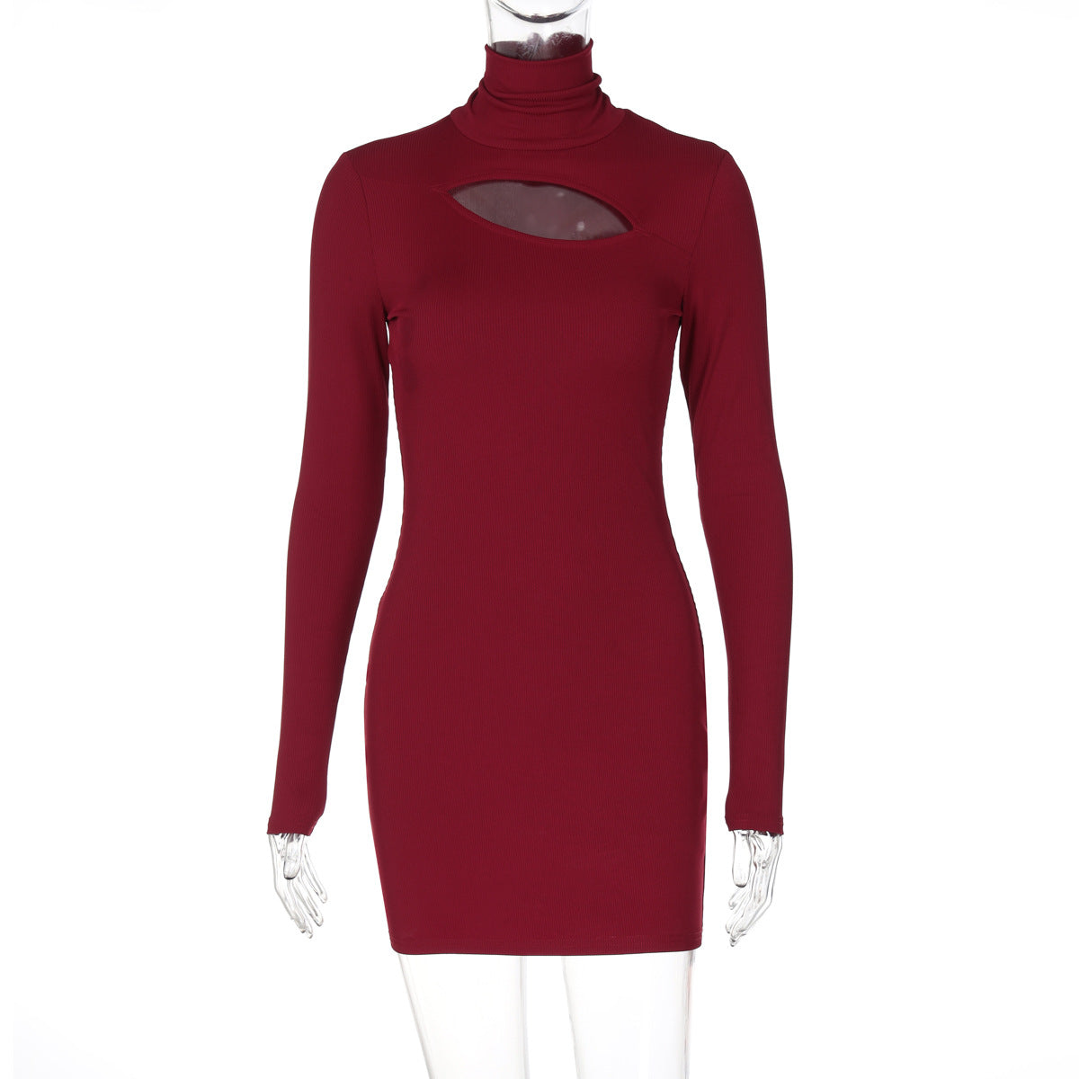 Women Fall Solid Half-High Neck Hollow Long Sleeve Bodycon Dress 8