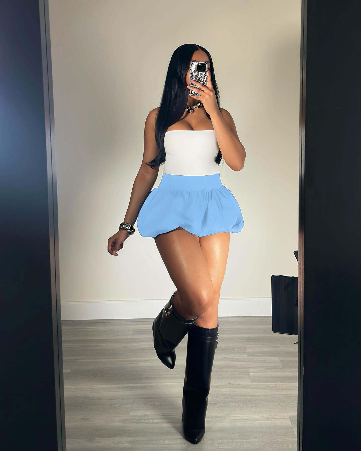 Women Solid Stretch Pleated Skirt Bubble Skirt 6