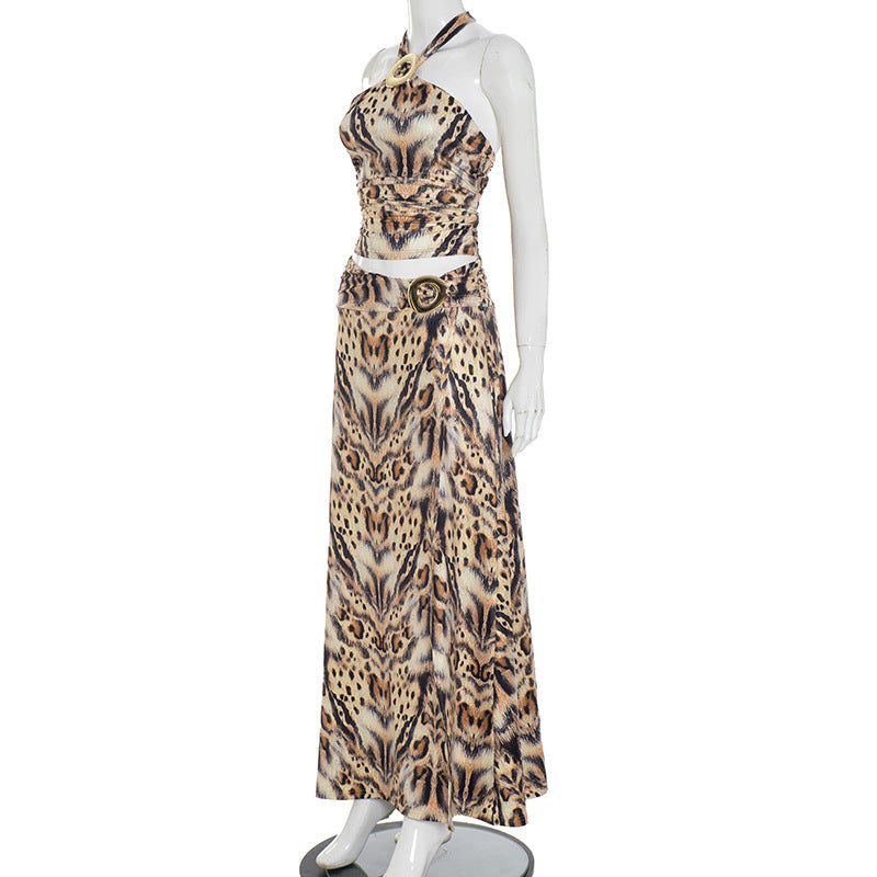 Women's Sexy Print Halter Neck Lace-Up Strapless Top with Slit Skirt Two-Piece Set 8