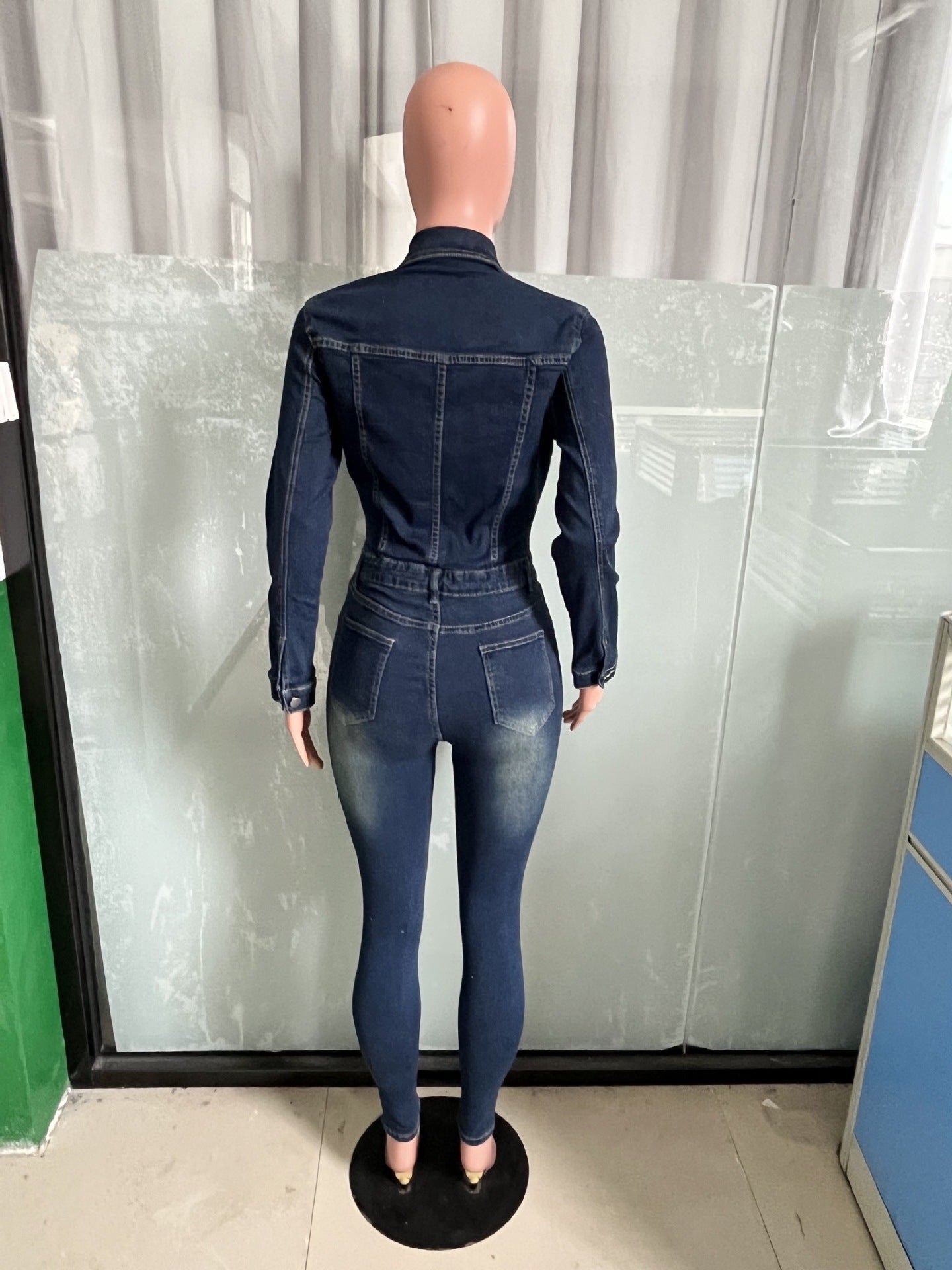 Slim Denim Long-Sleeve Jumpsuit 7