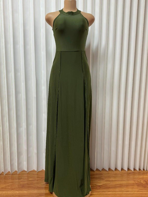 Solid Color Round Neck Sleeveless Slim Waist Slit Dress Long Gown 3