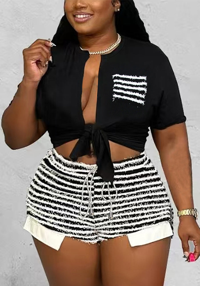 Plus Size Women Summer Elegant Crop Top and Striped Shorts Two-piece Set