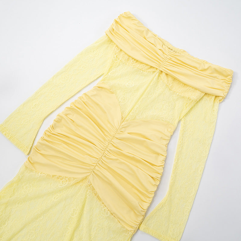 Women's Chic Lace Patchwork Off-Shoulder Slit Long Sleeve Ruffle Maxi Dress 13