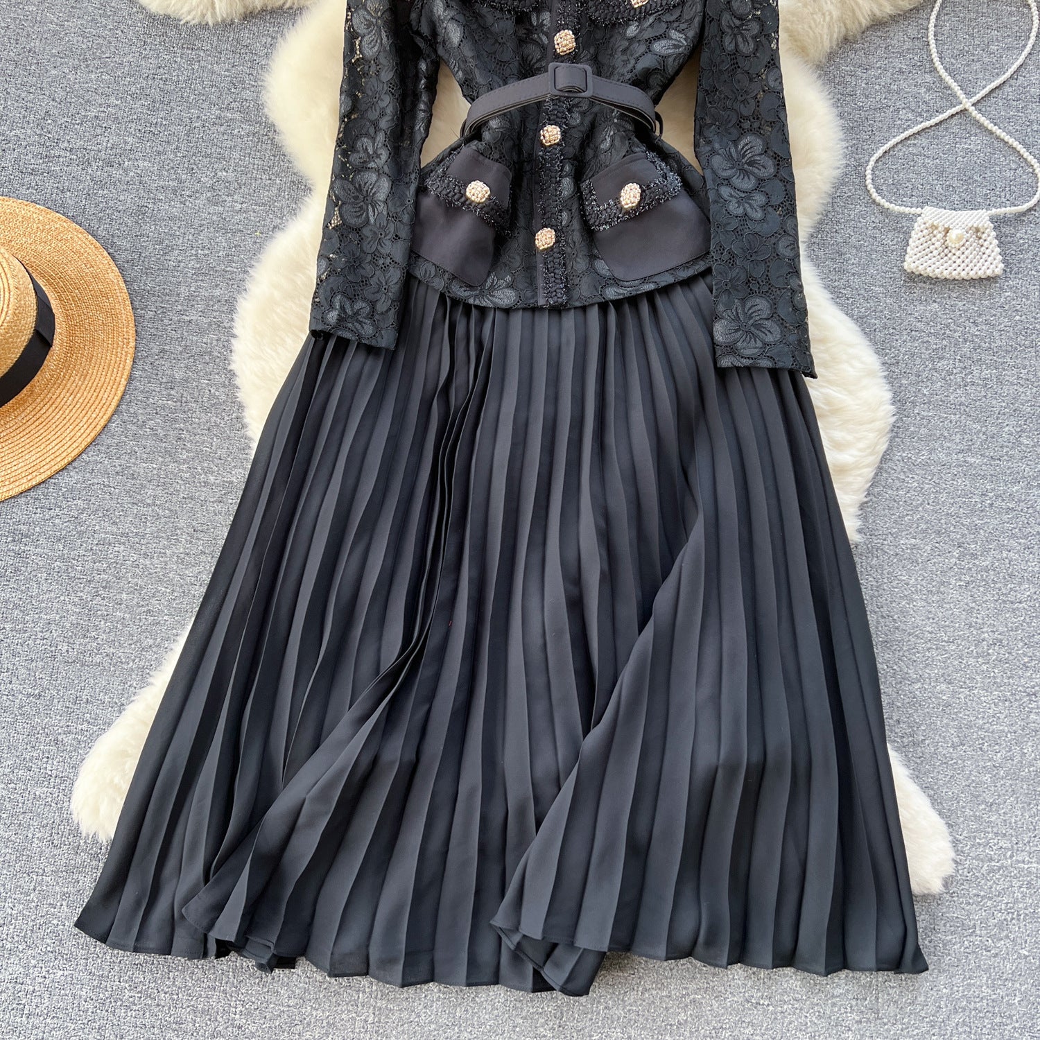 Women French Beaded Metal Button Square Collar Lace Patchwork Pleated Dress 9