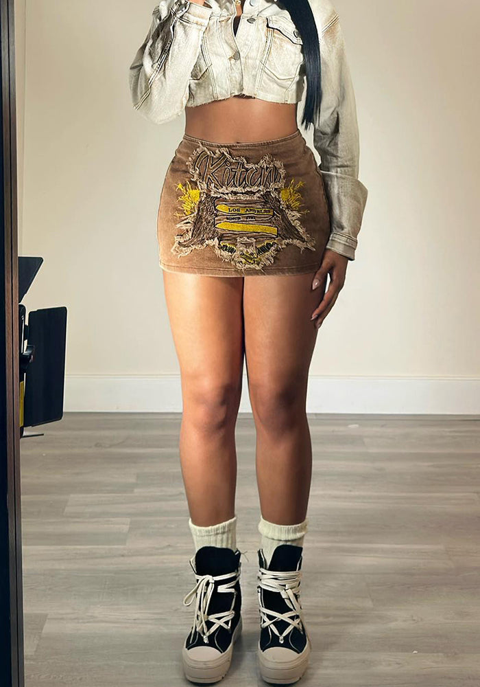 Women Patch Embroidered Zip Skirt