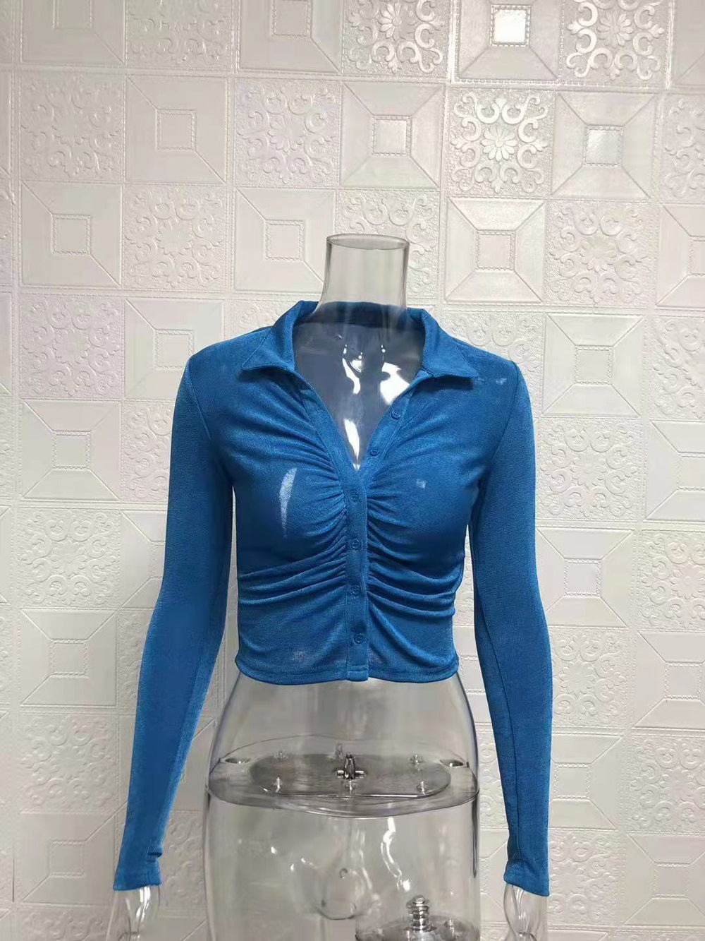 Women Sexy Pleated Turndown Collar Long Sleeve Shirt 24