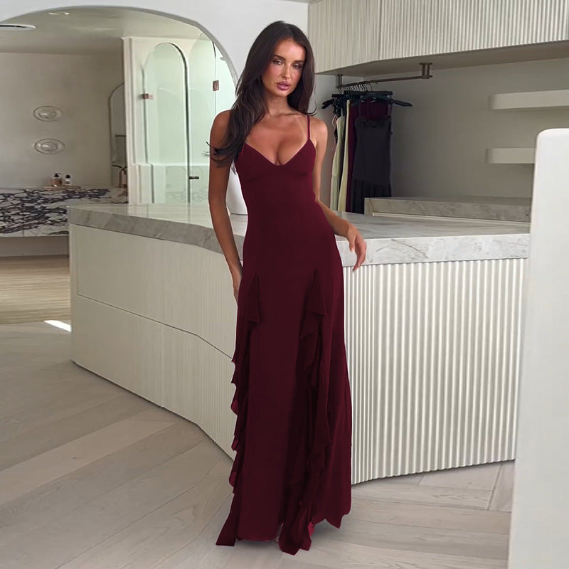 Strap Chic V-neck Holidays Slit Ruffle Dress