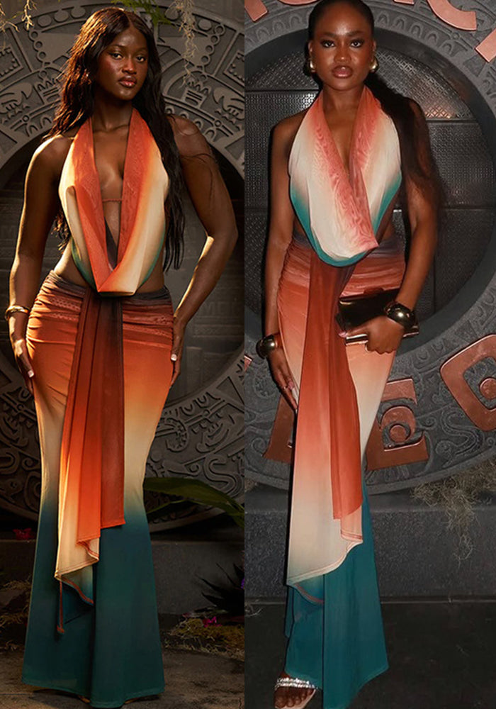 Summer women's sexy Halter Neck color matching mesh print skirt two-piece set