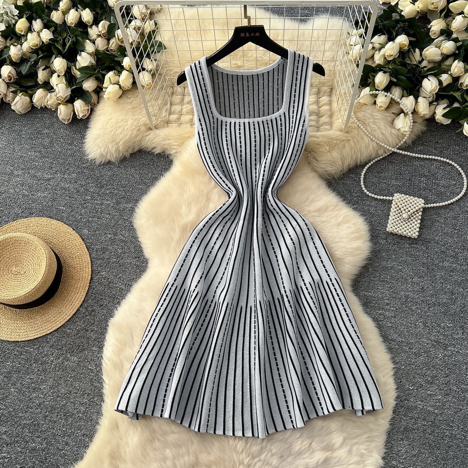 Women's Summer Square Neck Sleeveless Striped Slim Knitting Dress