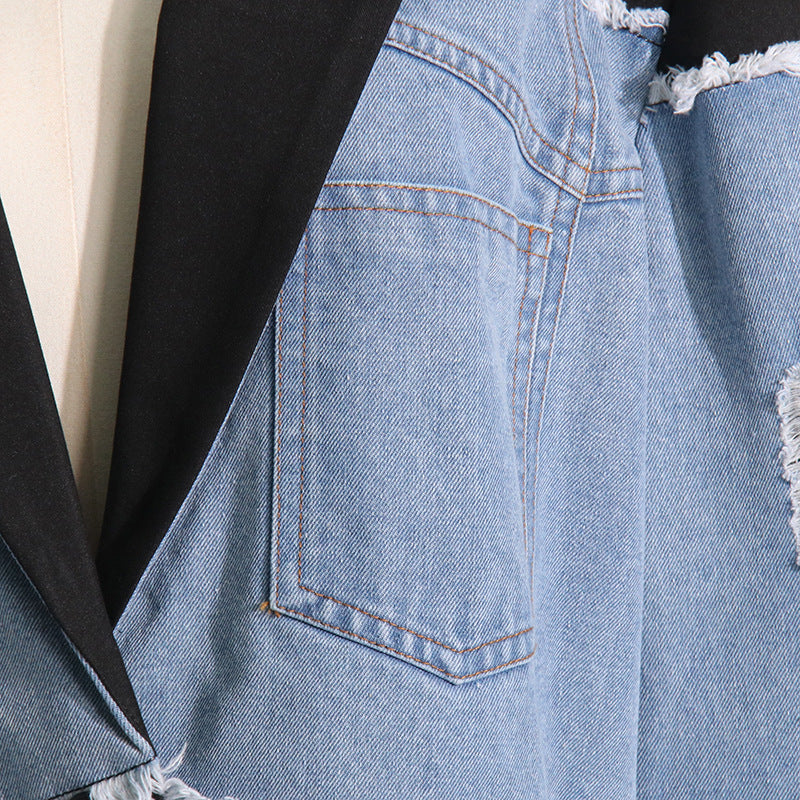 Women's Autumn Contrast Color Denim Patchwork Loose Jacket 14
