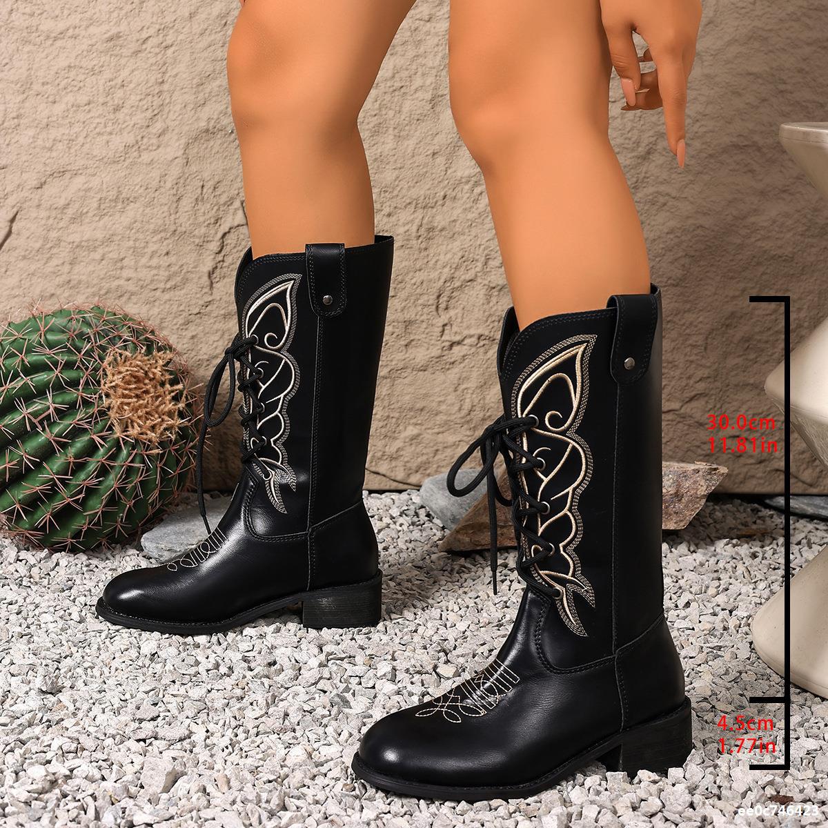 Women Embroidered Mid-Calf Western Denim Boots with British Style 6