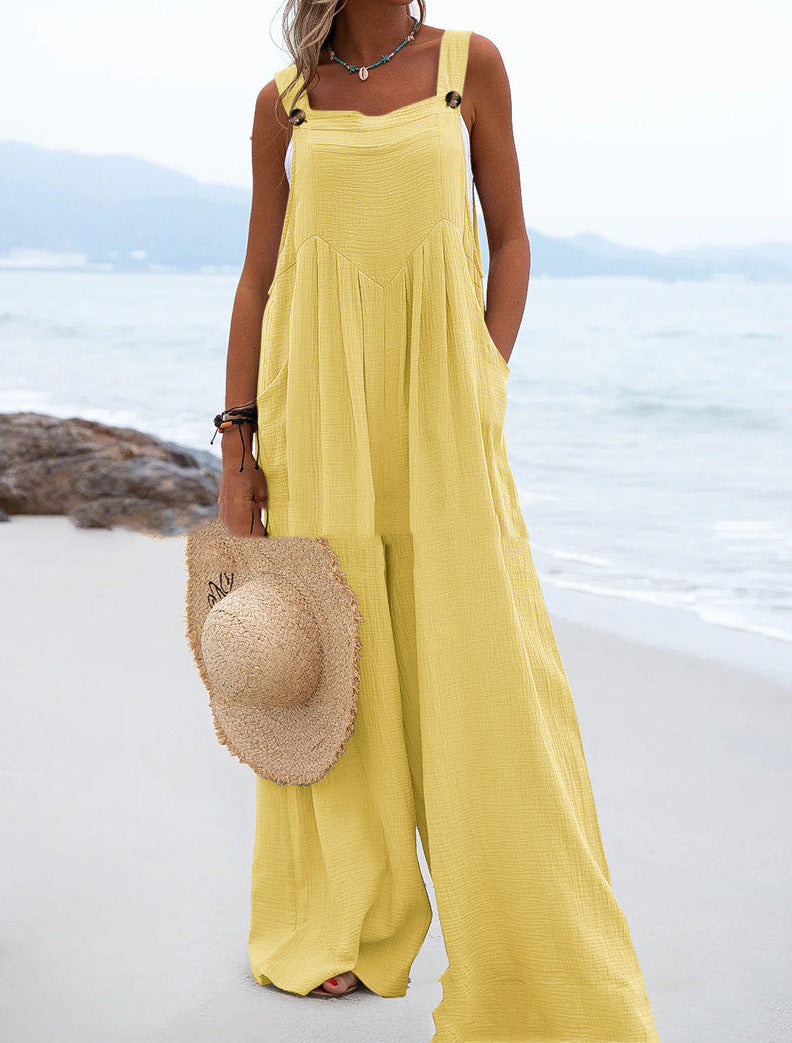 Summer Ladies Fashion Solid Color Button Suspenders Jumpsuit Wide Leg Pants Trousers 20