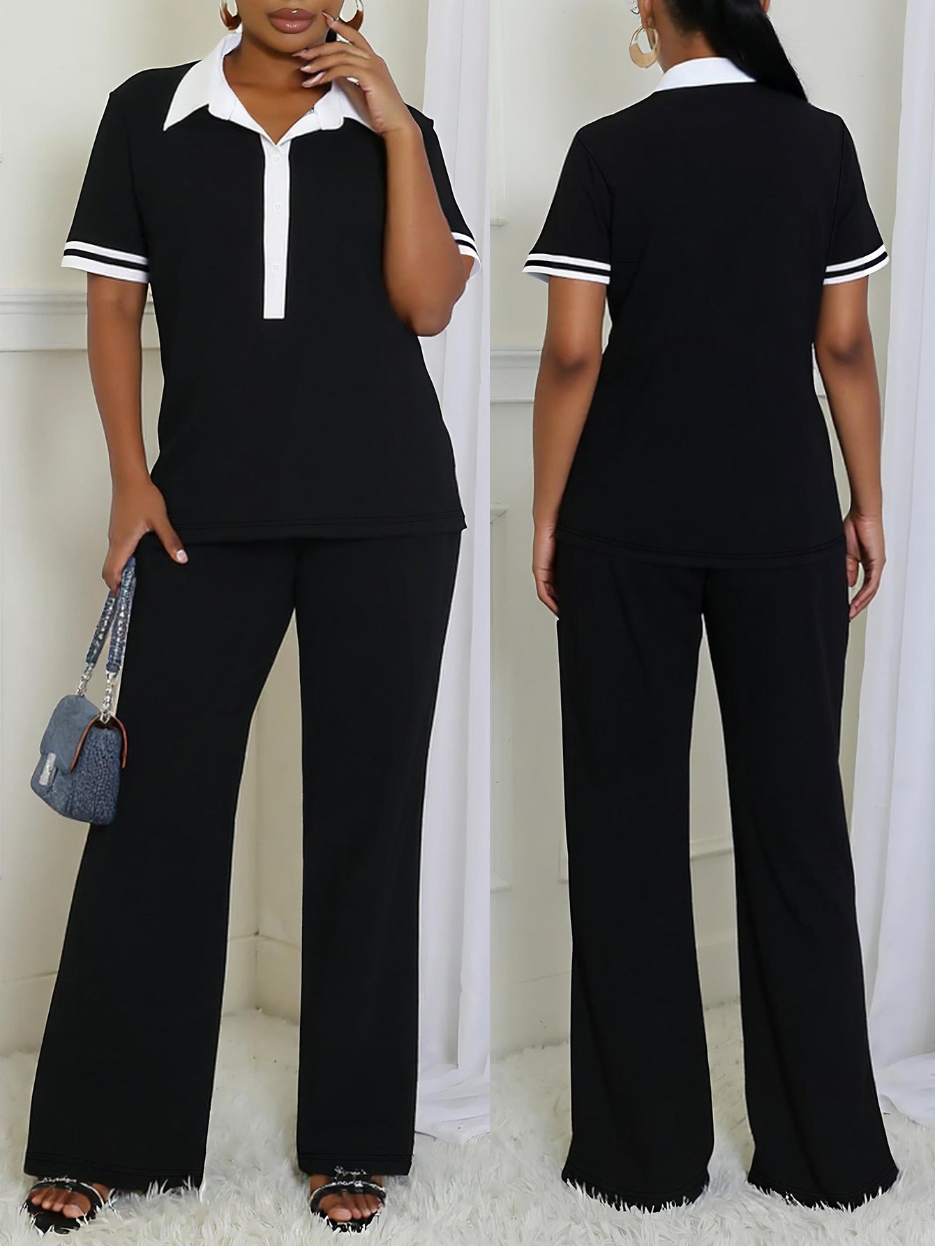 Women's Fashion Elegant V-Neck Short Sleeve Casual Two Piece Pants Set 3