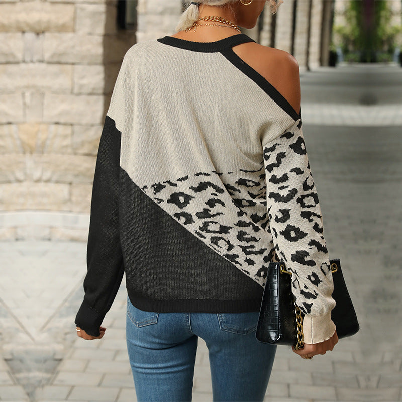 Women Autumn Color Block Long Sleeve Hollow Sweater 5