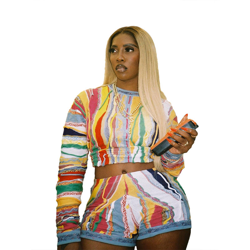 Fall Women Printed Casual Long Sleeve Top and Shorts Two-piece Set 6