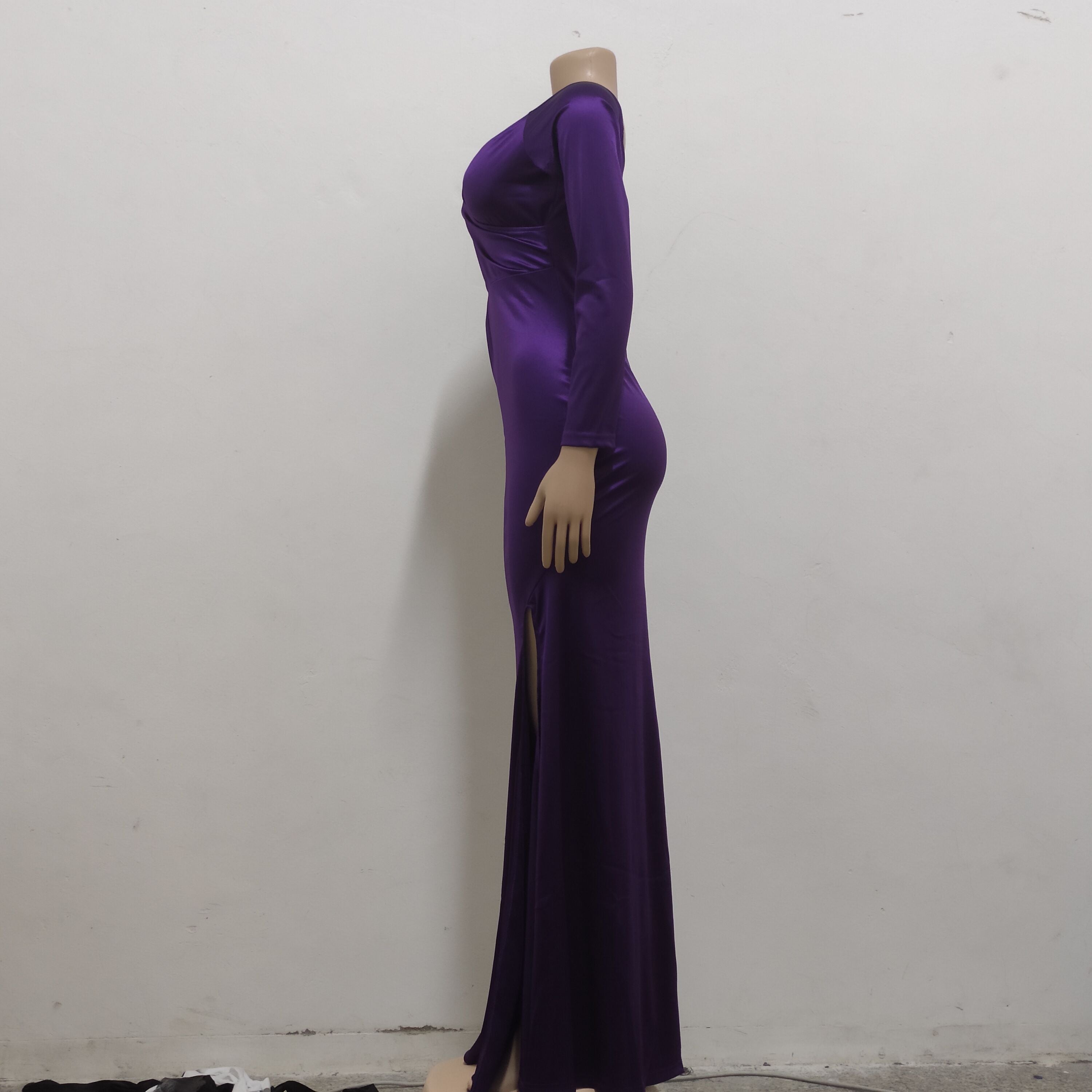 Sexy Fashion Big V-Neck Solid Off Shoulder Slit Evening Dress 22