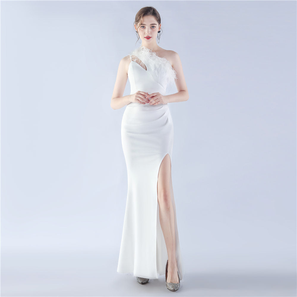 Women Elegant Ostrich Feather Formal Party Evening Dress 7