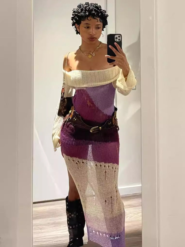 Women's Sexy Off Shoulder Long-Sleeved Contrasting Knitting High-Slit Long Dress 5