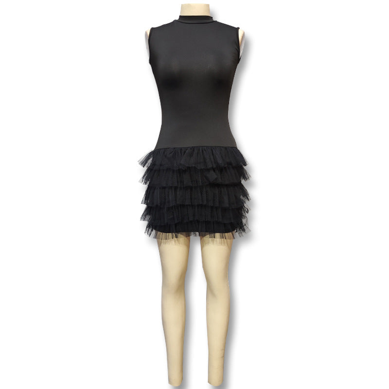 Women's High Neck Slim Waist sleeveless summer mesh patchwork short Dress 6