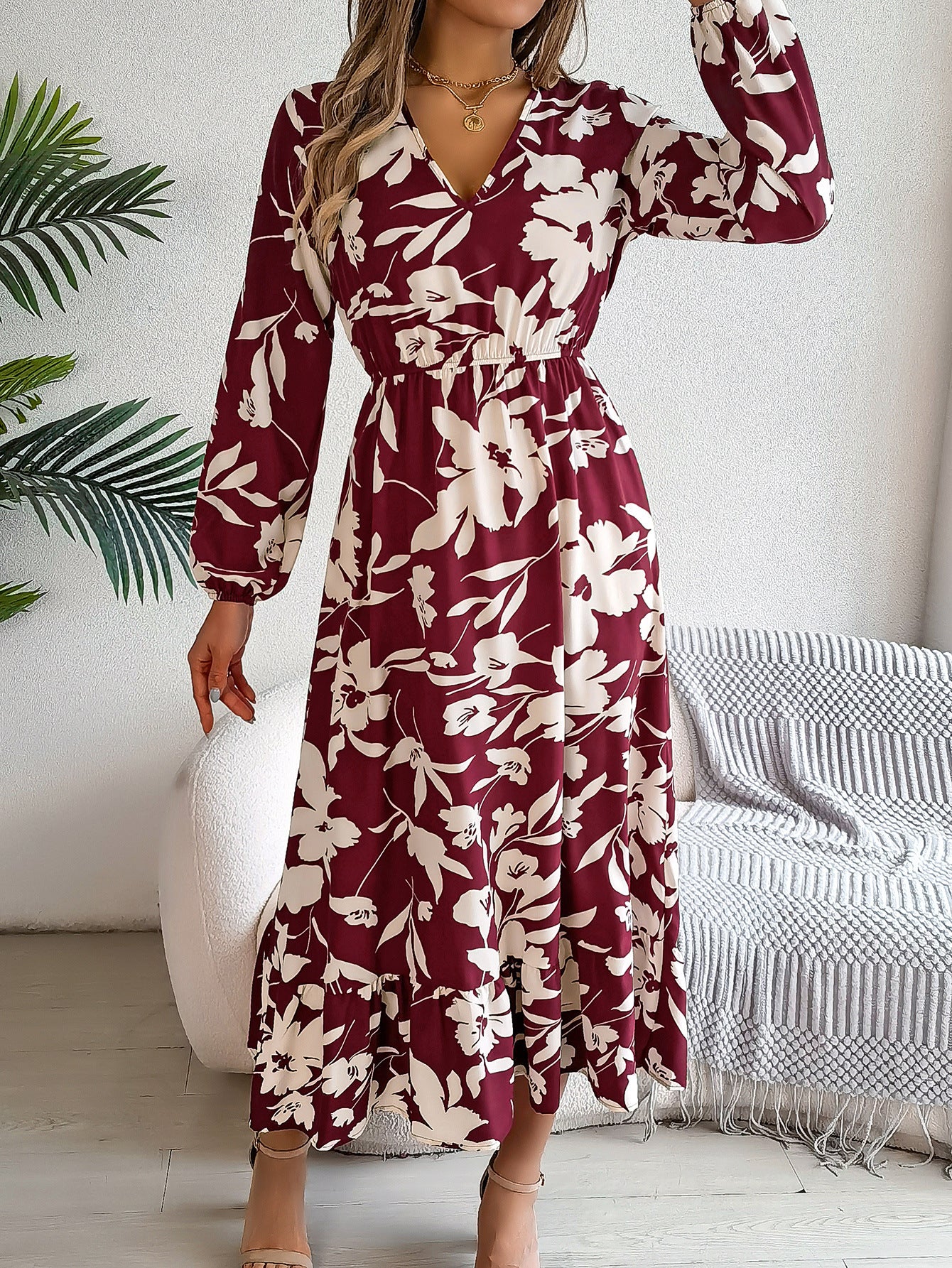 Autumn Winter Casual Flower Slim Waist Long Sleeve Women's Ruffle Midi Dress 4