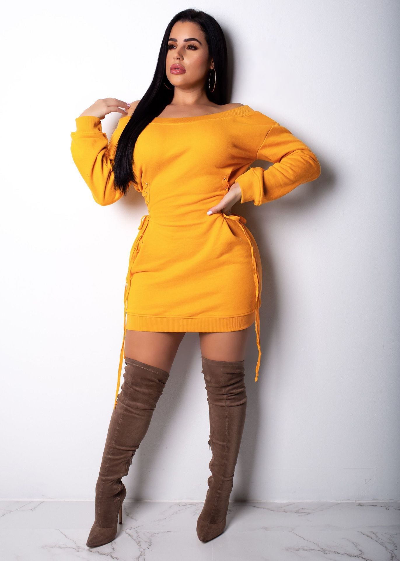 Sexy Off-Shoulder Lace-Up Slim Waist Solid Color Long Sleeve Casual Dress 3