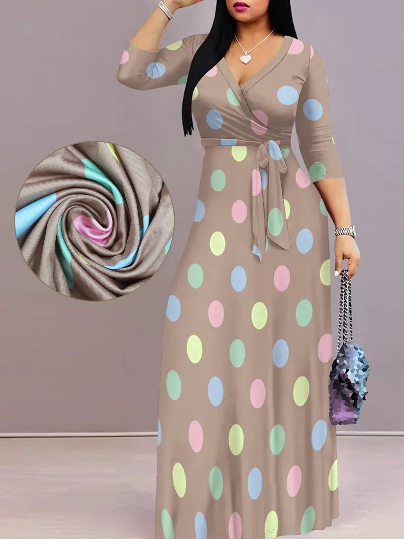 Spring Summer & Autumn Women's Fashion Elegant V-Neck Half-Sleeve Casual Long Dress 6