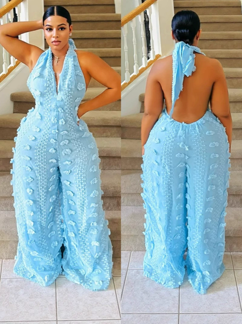 Women Halter Neck V-neck Ribbon Jumpsuit