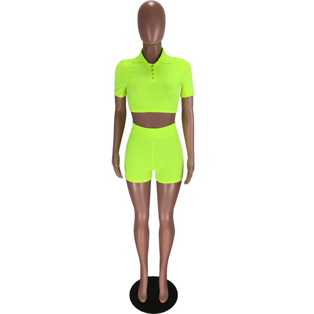Women's Sports Casual Cropped Top Shorts Solid Color Two-piece Set 18