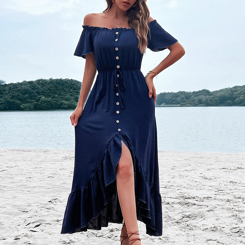 Summer Women Off Shoulder Ruffle Sleeve Irregular Dress 4