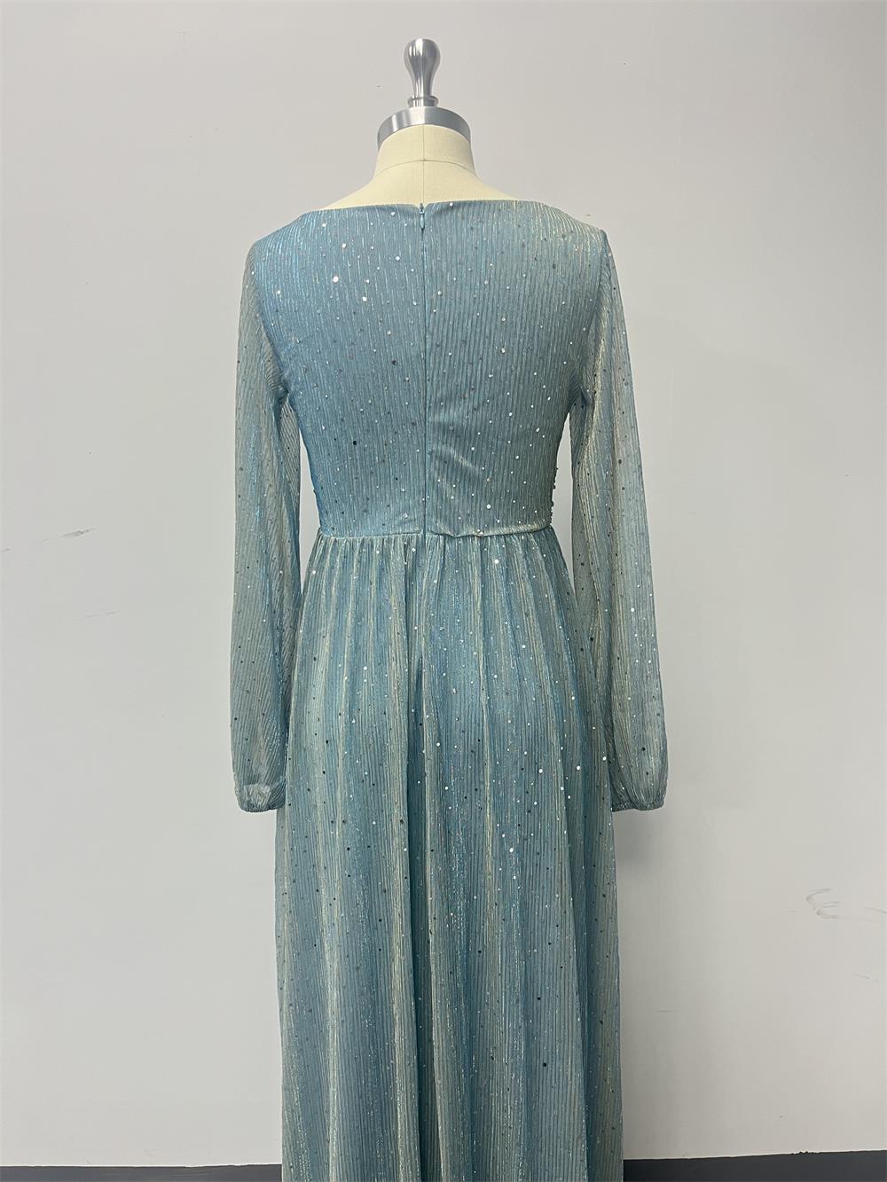 Women's  Glittery Pleated Elastic See-Through Long Sleeve V-Neck Legant Evening Gown 17