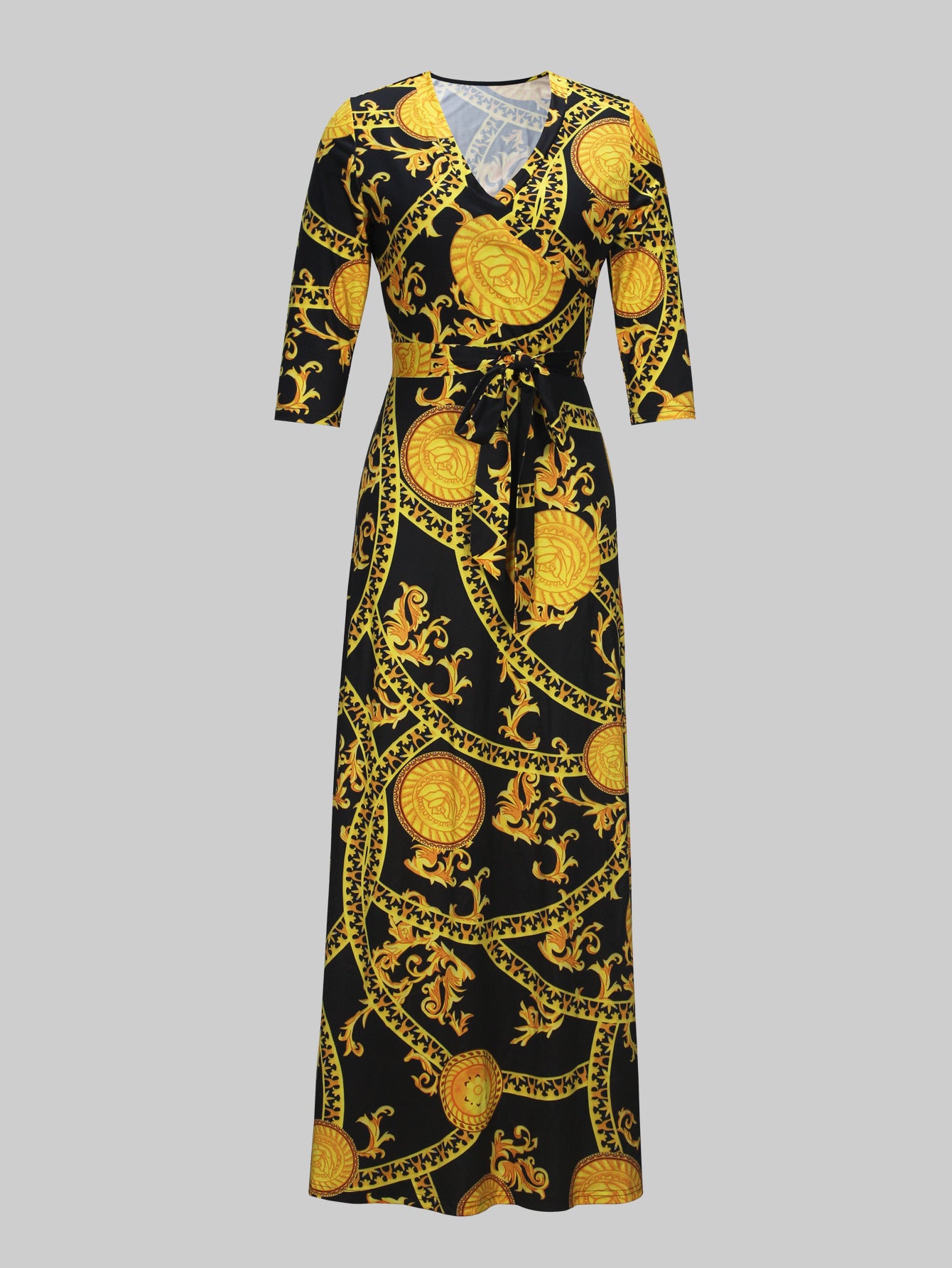 Spring & Autumn Women's Fashion Elegant Wrap V-Neck Half-Sleeve Print Belt Maxi Dress 94