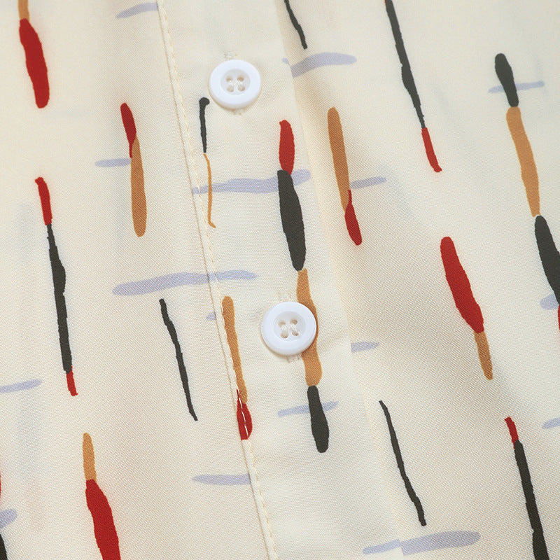 Women Summer Contrast Turndown Collar Line Print Shirt 13