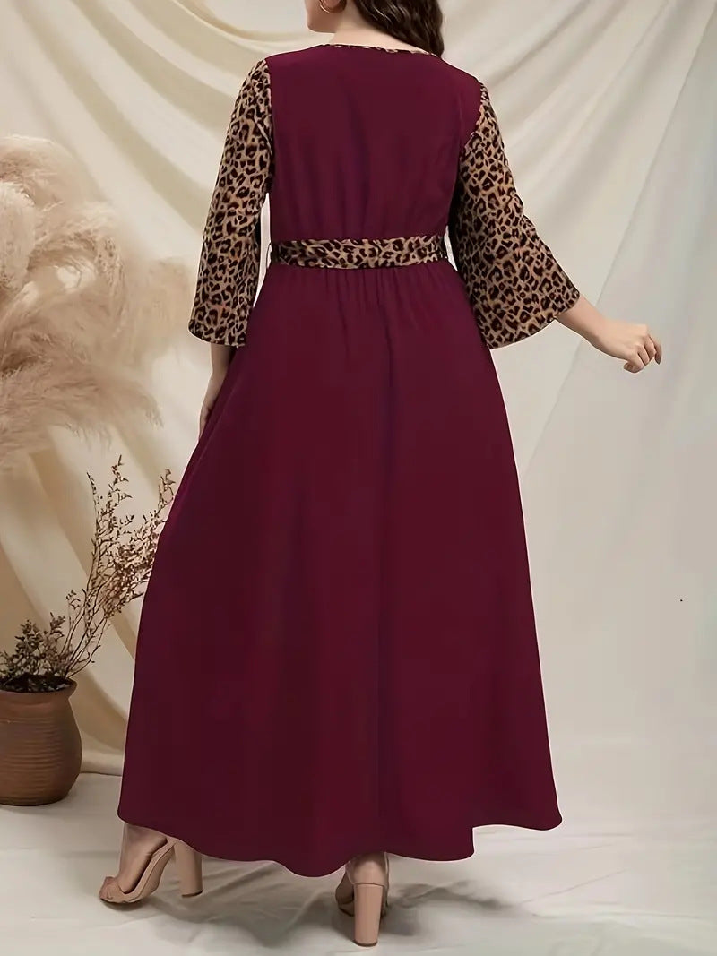 Plus Size Women Leopard Patchwork Bell Bottom Sleeve Slim Waist Long Dress 3