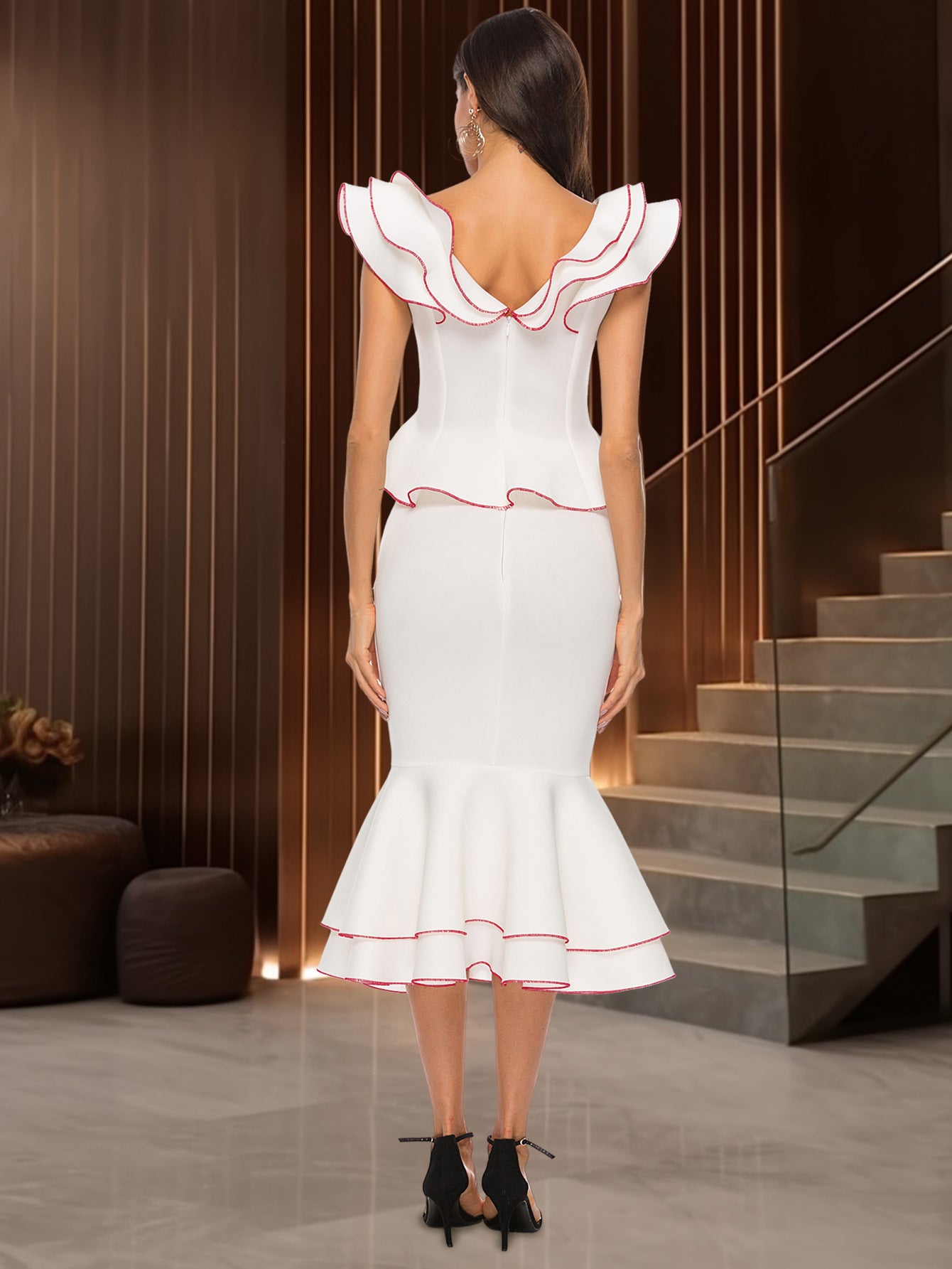 Women's Peplum Contrast Top & Chic Mermaid Pencil Skirt Two-Piece Set