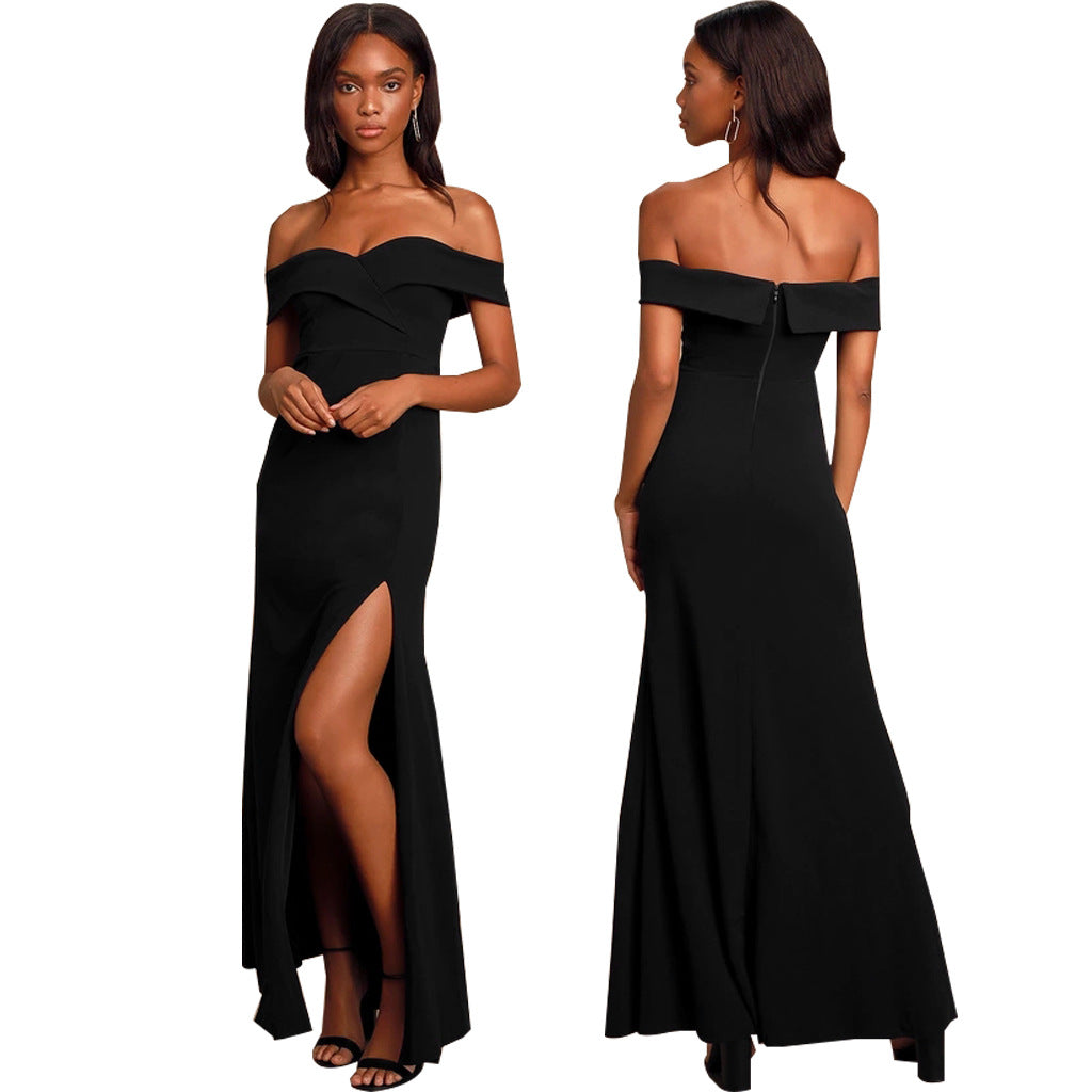 Women'S Sexy Fashion Solid Color Off Shoulder Slit Evening Dress