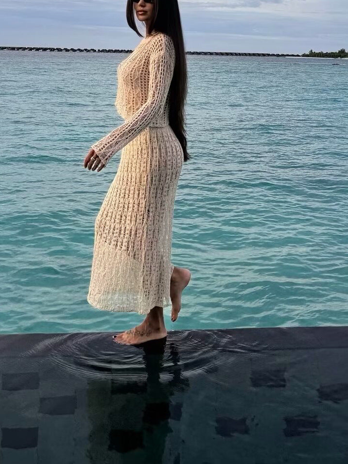 Women Knitting Hollow Long Sleeve Top and Skirt Two Piece Set