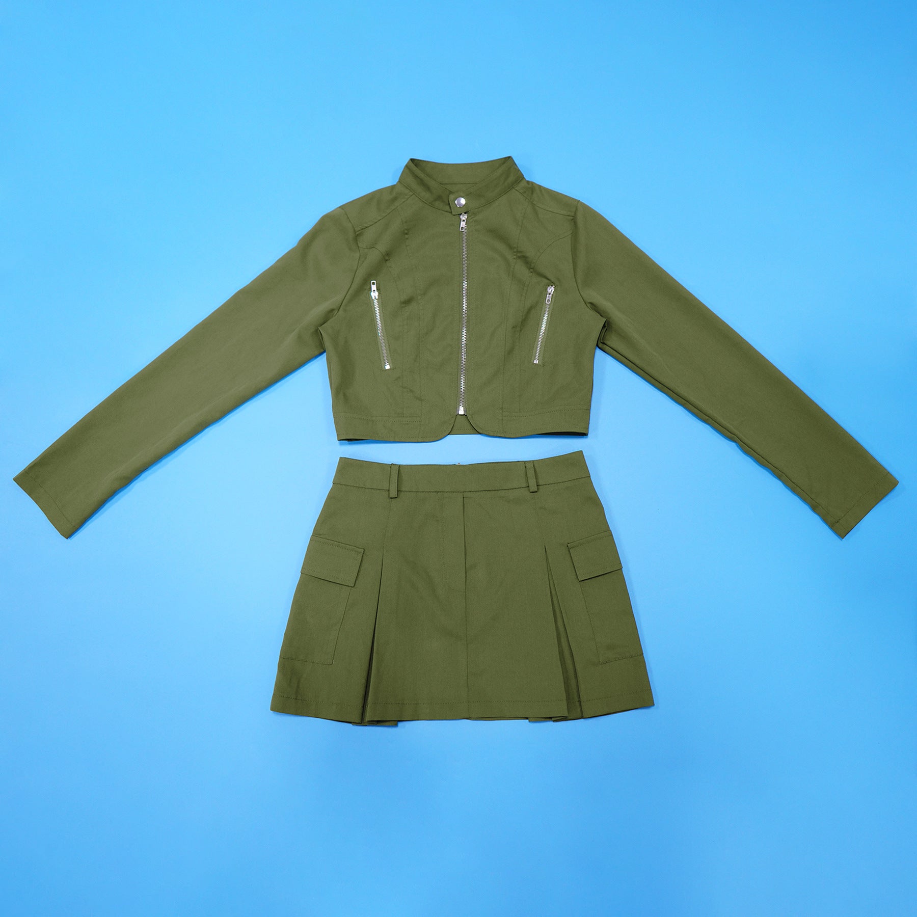 Women's Long Sleeve Zipper Top Sexy Short Skirt Two-Piece Set 15