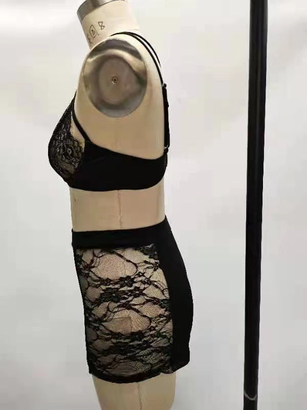 Women Body-fitting Lace Shoulder Strap Lace Two-piece Set 15