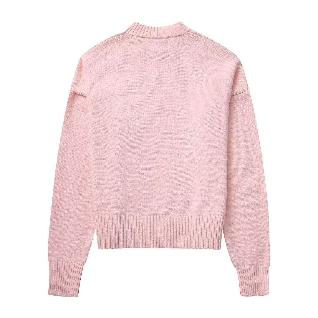 Women Loose-Cut Winter Pink Round Neck Casual Sweater 14