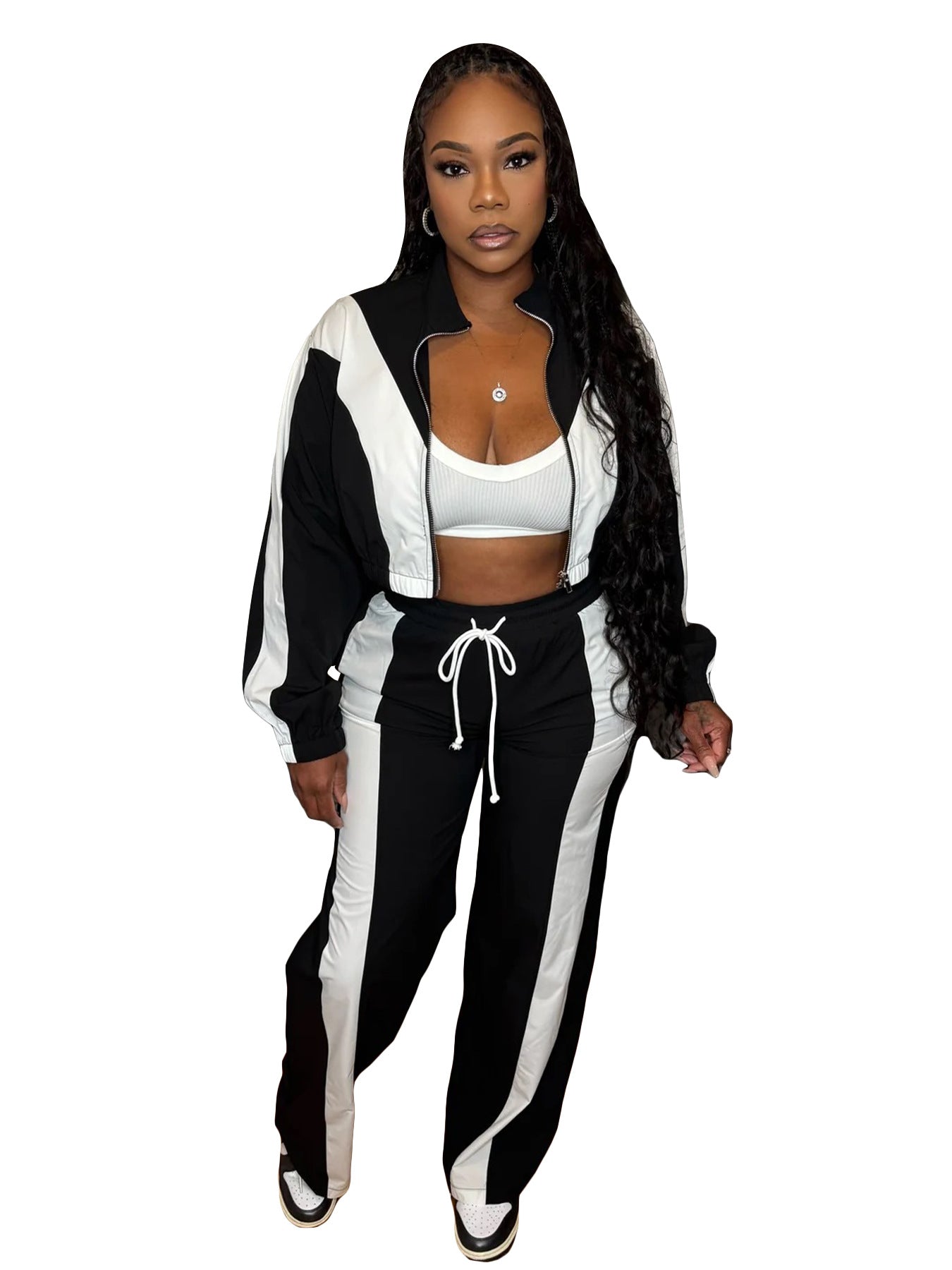 Women's Fashion Color-Blocking Zipper Cardigan Wide-Leg Drawstring Sport Pants Two-Piece Set 12