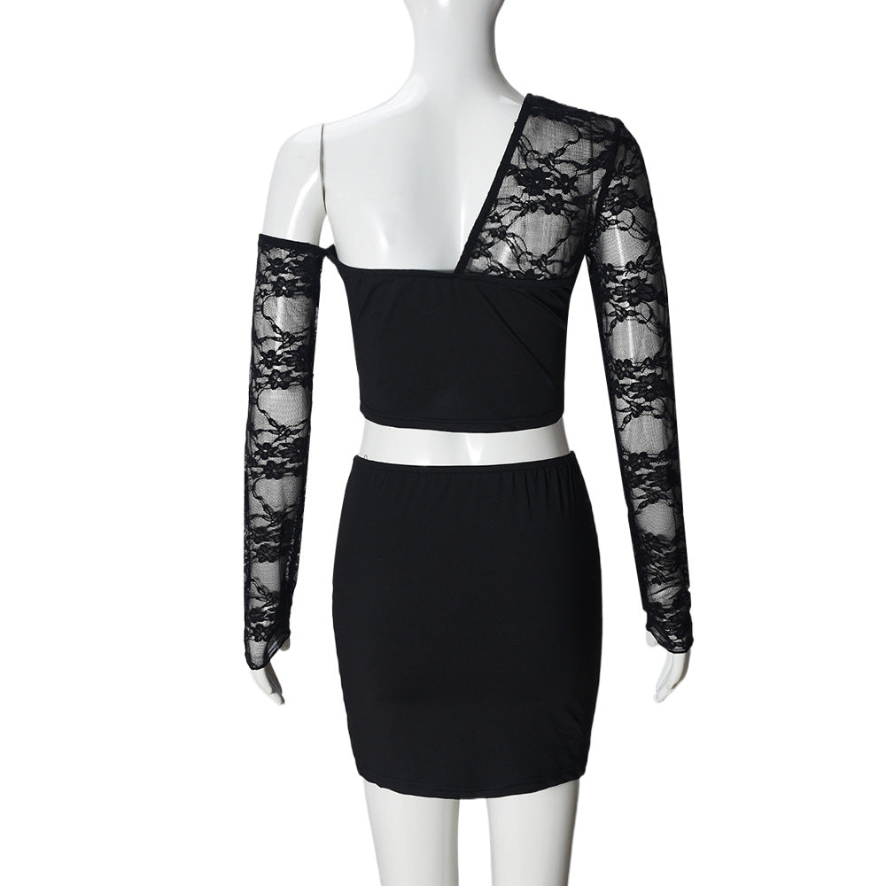 Women Spring and Summer Lace Sexy Hollow One-shoulder Irregular Top and Skirt Two-piece Set 7