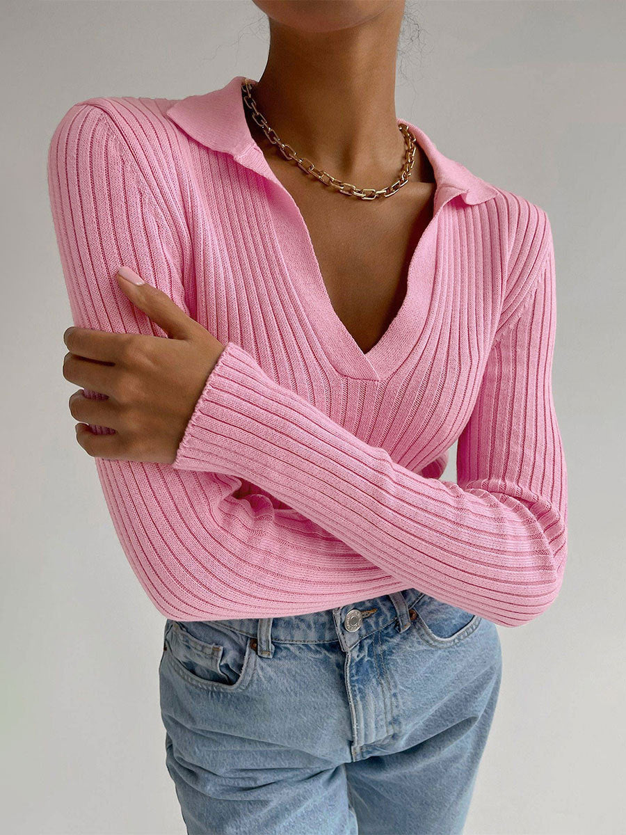 Autumn And Winter Turndown Collar V-Neck Knitting Sweater Chic Career Slim Ribbed Basic Pullover Top For Women 11